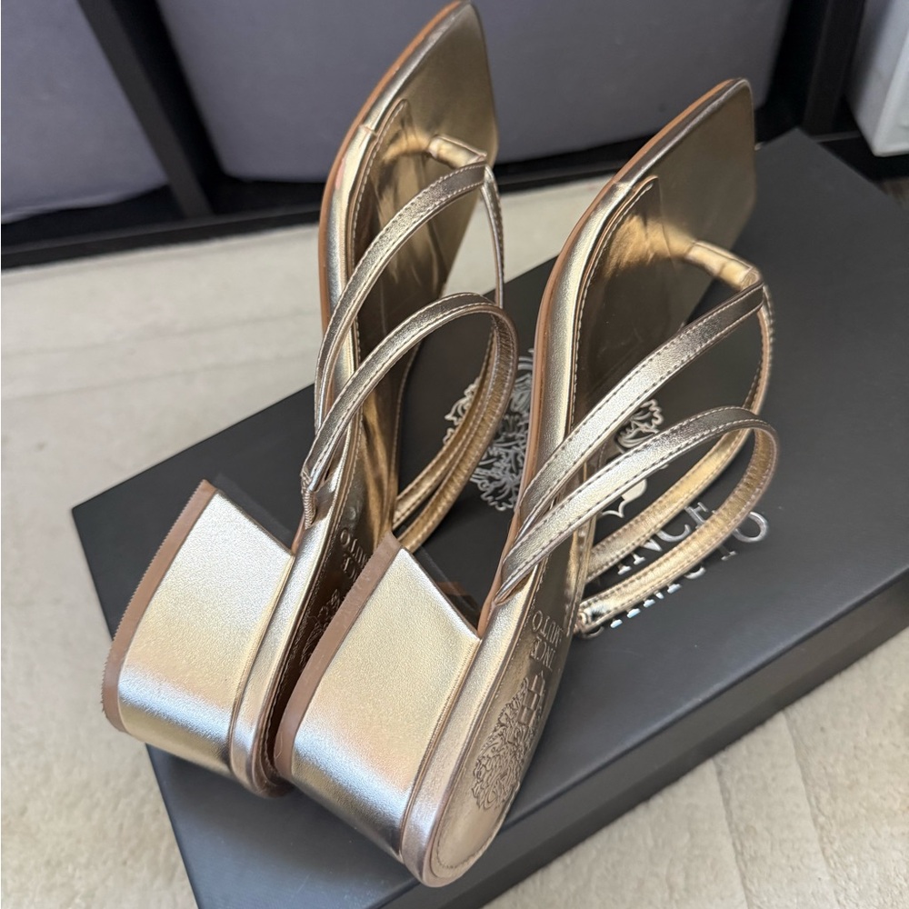 Vince Camuto Metallic Gold Strappy Square-Toe Sandals - Picture 4 of 7